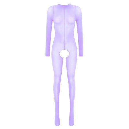 YONGHS Woman s Bodystocking Lingerie Long Sleeve See-through Hollow Out Bodysuit Sheer Mesh Jumpsuit Light Purple Crotchless One Size