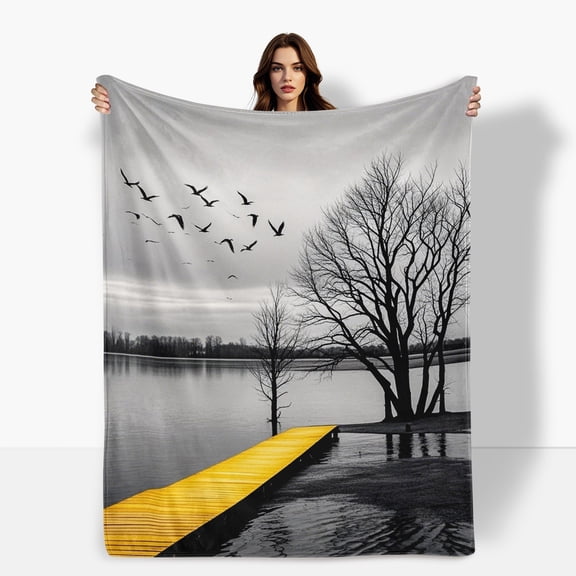 Natural Scenery Bird Water Area Deadwood Cozy Flannel Blanket For Sofa Bed Travel Camping Living Room Office Chair Soft Warm Comfortable Polyester Gift For Family Or Friends