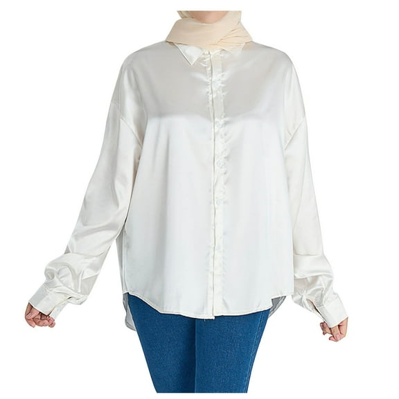 Besolor Satin Silk Women Button down Shirt Long Sleeve V Neck Oversized Tee Shirts Casual Work Office Blouse Tunic Tops