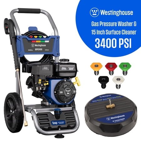 Westinghouse WPX3400SC Gas Pressure Washer with 15-in Surface Cleaner, 3400 PSI and 2.6 Max GPM, Onboard Soap Tank, Spray Gun and Wand, 5 Nozzle Set, for Cars/Fences/Driveways/Homes/Patios/Furniture