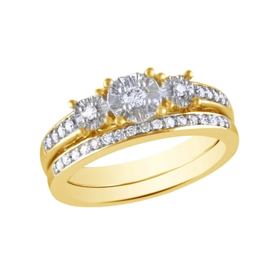AFFY White Natural Diamond Three-Stone Bridal Set In 10k Yellow Gold (0.25 Cttw)