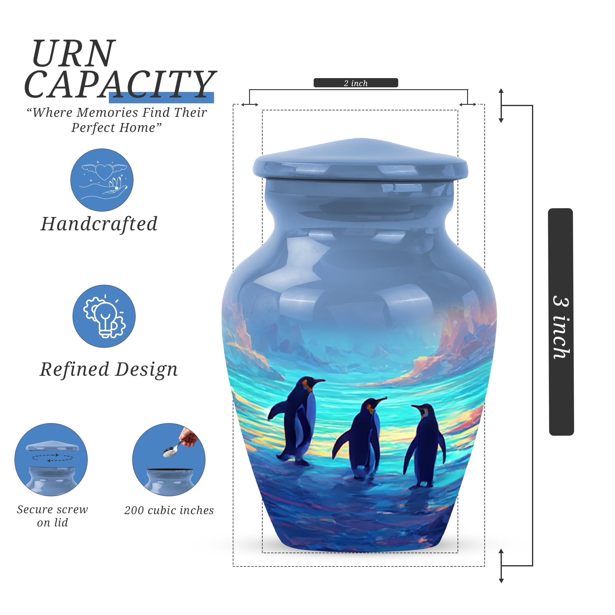 Penguins Cremation Urn For Humans, Small Little Urns For Human Ashes Uncle And Aunty, Miniature Urn For Man And Woman, Memorial Urns And Keepsake For Ashes, 3 Inch