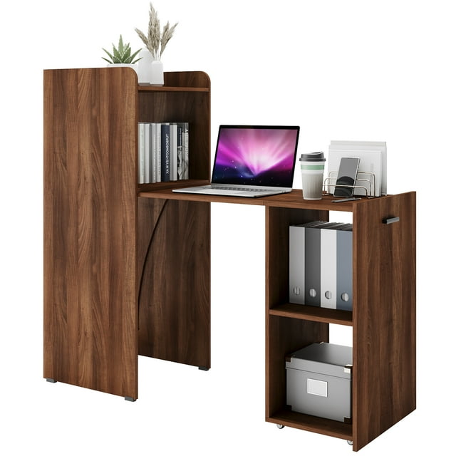 Costway Bureau d'Ordinateur Extensible Bureau Réversible Bureau à Domicile Bureau d'Étude Bureau d'Écriture Brun