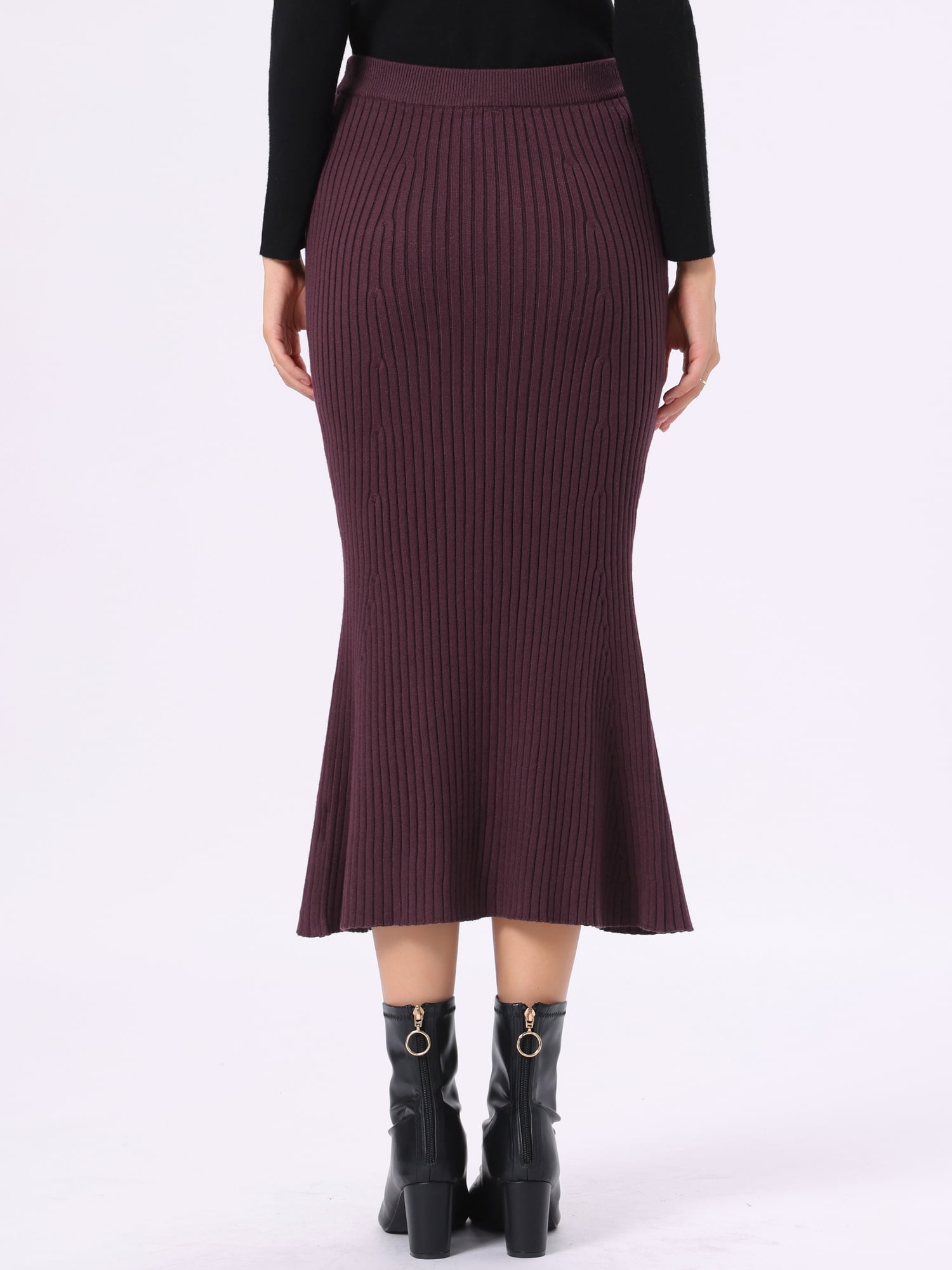 DARING DIVA Women's Knit Maxi Skirt Elastic Waist Ribbed Fishtail Skirt S Deep Purple Red