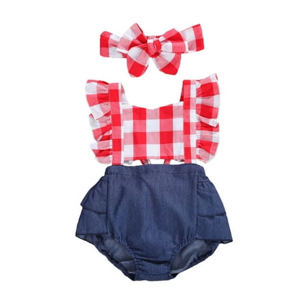 

Kuriozud Baby Girl Plaid Print Square Neck Fly Sleeve Romper Hairband Set