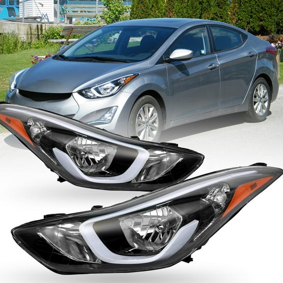 Pair of Headlights, Fits 2014 2015 2016 Hyundai Elantra Sedan Left and Right Headlights, LED Black Housing Amber Corner Clear Lens Halogen Headlights Direct Replacement (Driver Passenger Side)