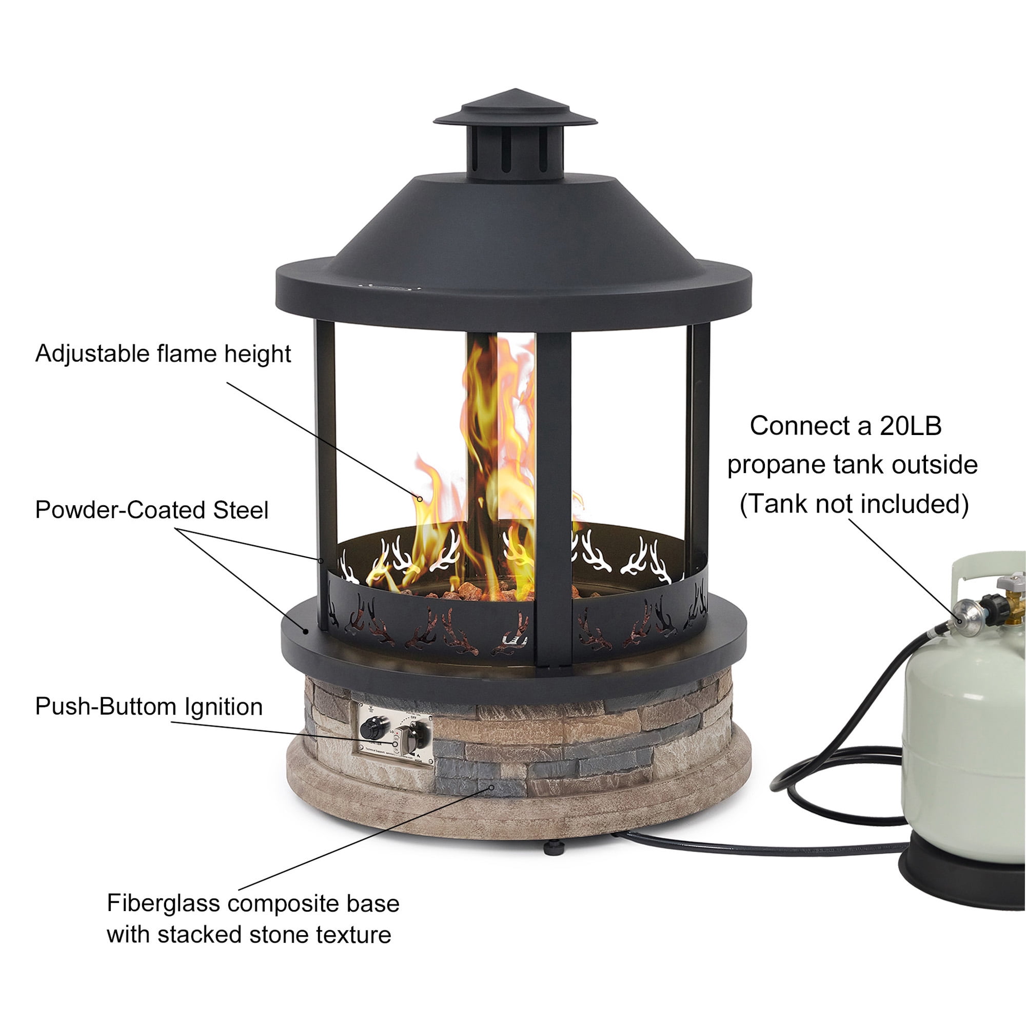 28-Inch Propane Fire Pit, 65,000 BTU Lantern Top Outdoor Gas Fire Pit, Gazabo Gas Fireplace with Faux Stone Base, Lava Rocks, Cover & Pre-attached 10ft Propane Hose