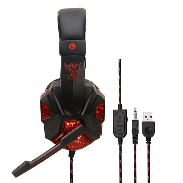 Graflsoa SY830MV Casque de Jeu Réglable avec Lumières LED, Double Interface (AUX+USB), et Contrôle du Volume en Noir et Rouge