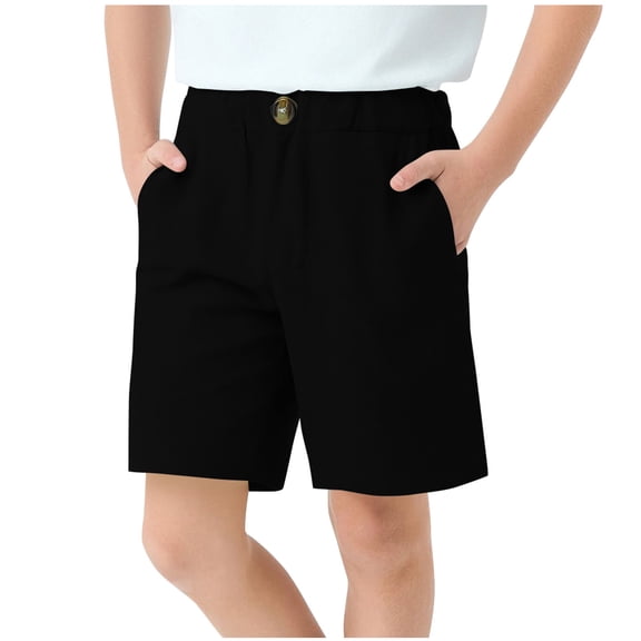 MGDXOX Kids Button Front Elastic Waist Casual Shorts Loose Solid Color Lightweight Breathable Bottoms Simple Stylish Design for Summer Daily School Black 140