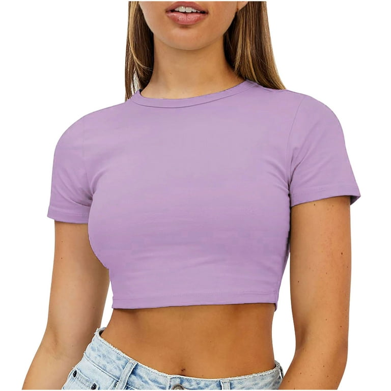 Yyeselk Women's Basic Short Sleeve Casual Cropped Tee Slim Fitted Round  Neck Crop Top Summer Blouse T-Shirt Tee Shirts Purple M