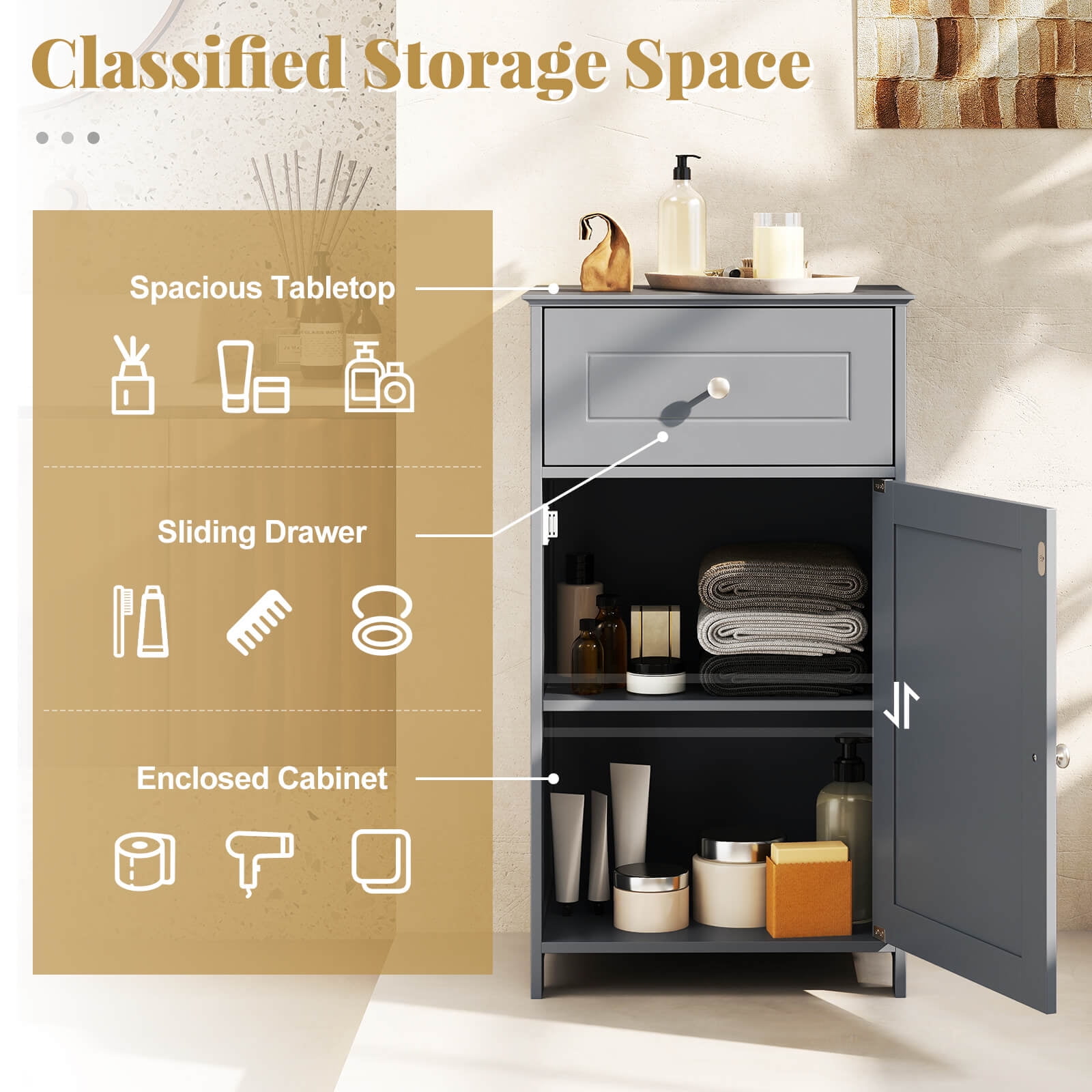 Costway White Floor Storage Cabinet Bathroom Organizer Cupboard Drawer Shelf Bath Towel Gray