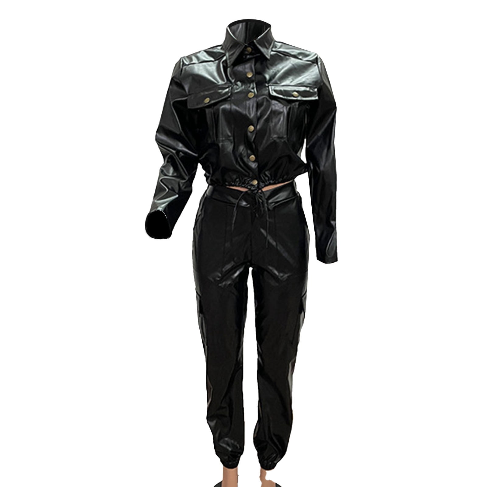 RQYYD Women's Faux Leather 2 Piece Outfits Button Up Pocket Lapel Jacket Top Baggy PU Leather Cargo Pant Set