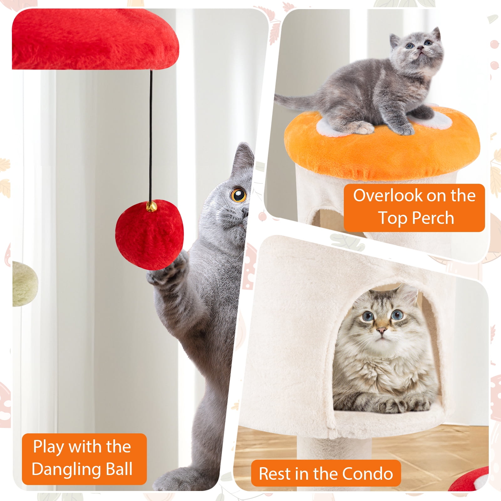 Gymax Cute Mushroom Cat Tree 48'' Tall Cat Tower w/ Sisal Scratching Posts Top Condo