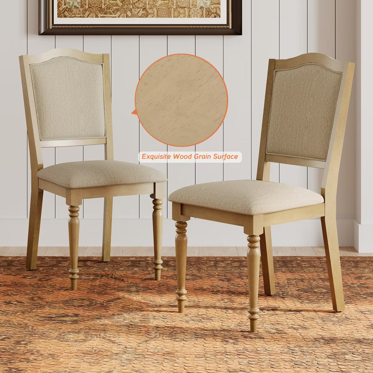 Set of 4 Dining Chairs with Upholstered Back & Seat, Farmhouse Kitchen Chair with Solid Wood Legs for Dining Room, Oak