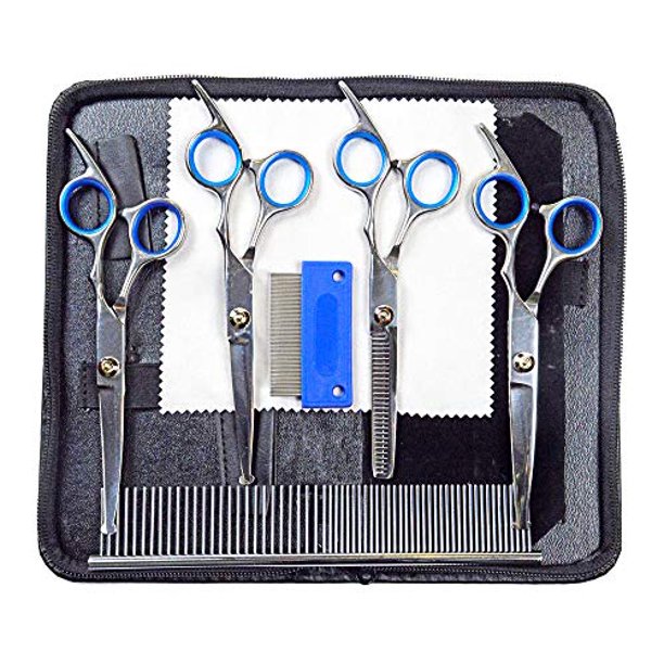 Dog Grooming Scissors - Thinning Shears for Dogs - Professional Dog Grooming Shears Set - Pet Grooming Kit Includes 2 Curved Dog Grooming Scissors for ...