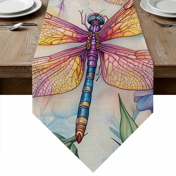 Botanical Dragonfly Table Runner Linen Burlap Table Runner 72 Inches Long Spring Watercolor Flower Leaf Dresser Scarves for Kitchen Island Coffee Dining Party Wedding Banquet Holiday Decor 16"x72"
