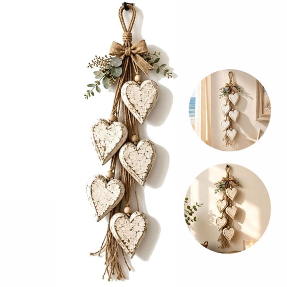Hanging Heart Wall Decor, Rustic Farmhouse Burlap Bow Decor, 5 Layer Wooden Hearts, Vintage Charm Art Decor Signs for Bedroom & Home Room