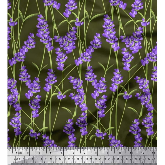 Soimoi Polyester Crepe Fabric Leaves & Lavender Shirting Decor Fabric Printed Yard 42 Inch Wide