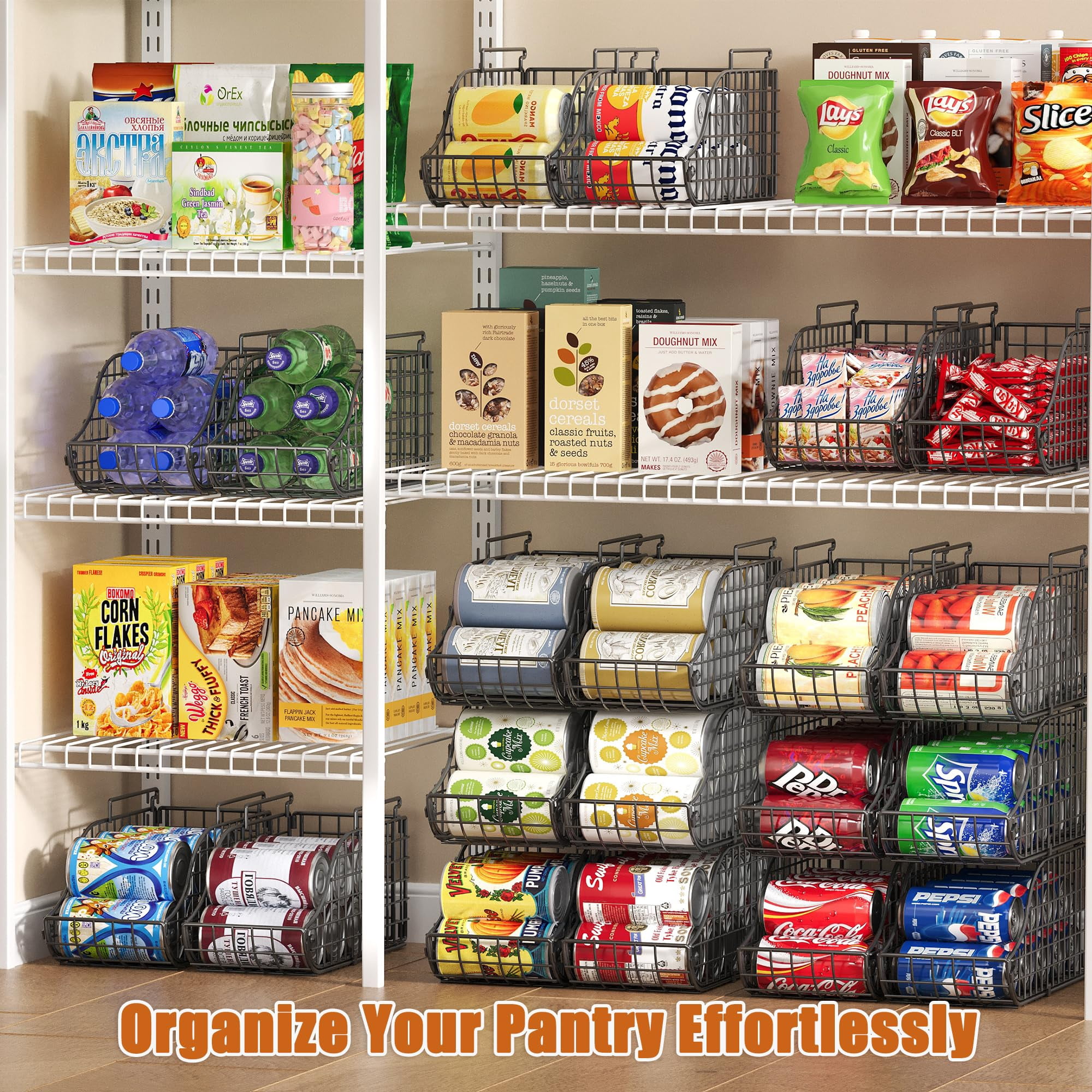 8-pack Can Organizer For Pantry  Stackable Cabinet Food Shelves Fridge Wire Cupboard Storage Holds Up To 72 Beers Small Metal Bin Drink Beverage Egg Gillas Rack Kitchen Countertops Rv