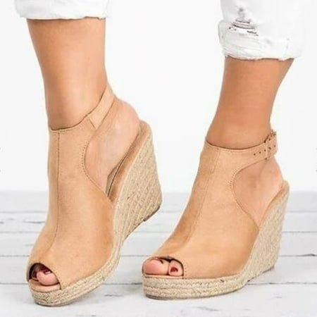 

Jacenvly 2024 New Fashion Women Solid Summer Ladies Comfy Sandals Slope Heel Casual Beach Shoes Khaki Sandals for Women Clearance