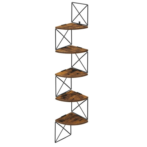 VASAGLE Corner Shelf Wall Mounted, 5-Tier Floating Corner Shelf, Corner Bookshelf, for Bedroom Living Room Bathroom Kitchen Office, Rustic Brown and Black