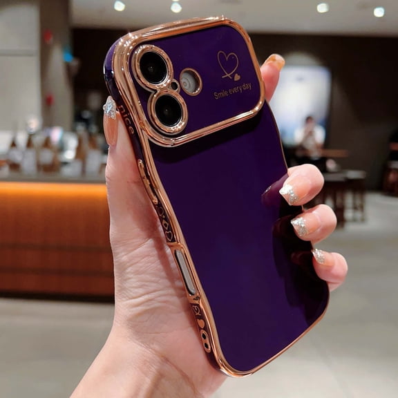For iPhone 16 Phone Case,Wavy Frame Designing,Love Heart Pattern,Luxury Plating Shockproof Anti-fall Soft TPU Ultra Slim Thin Fit Cute Electroplated Phone Case Cover,Darkpurple