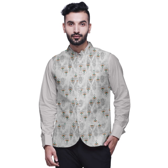 Atasi Light Gray African Printed Wedding Jackets For Men Nehru Jacket Waist Coat For Festive Season-Small