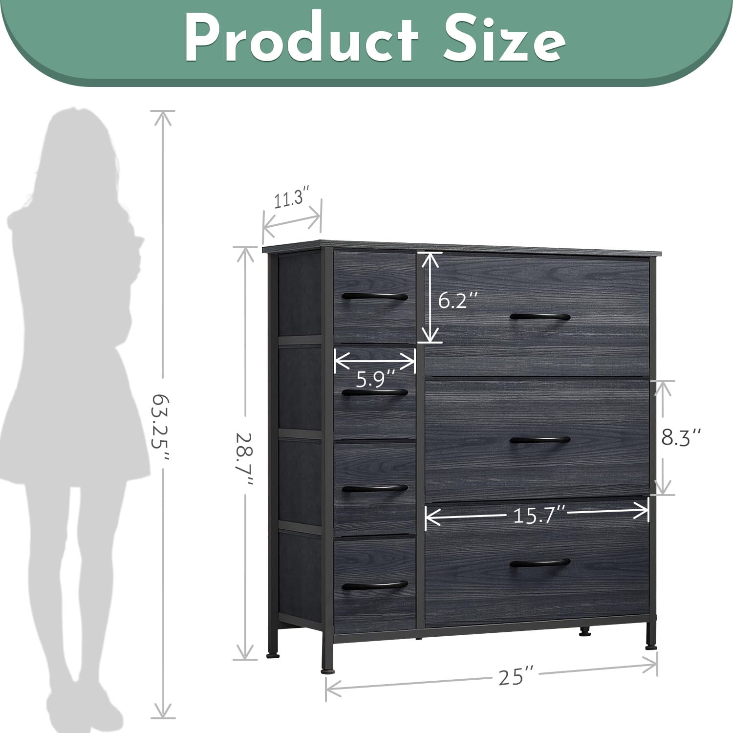 ACCVER 7-Drawer Fabric Dresser with Wood Top & Metal Frame, Closet and Chest for Bedroom, Clothes Storage Organizer, for Living Room, Apartment,Black
