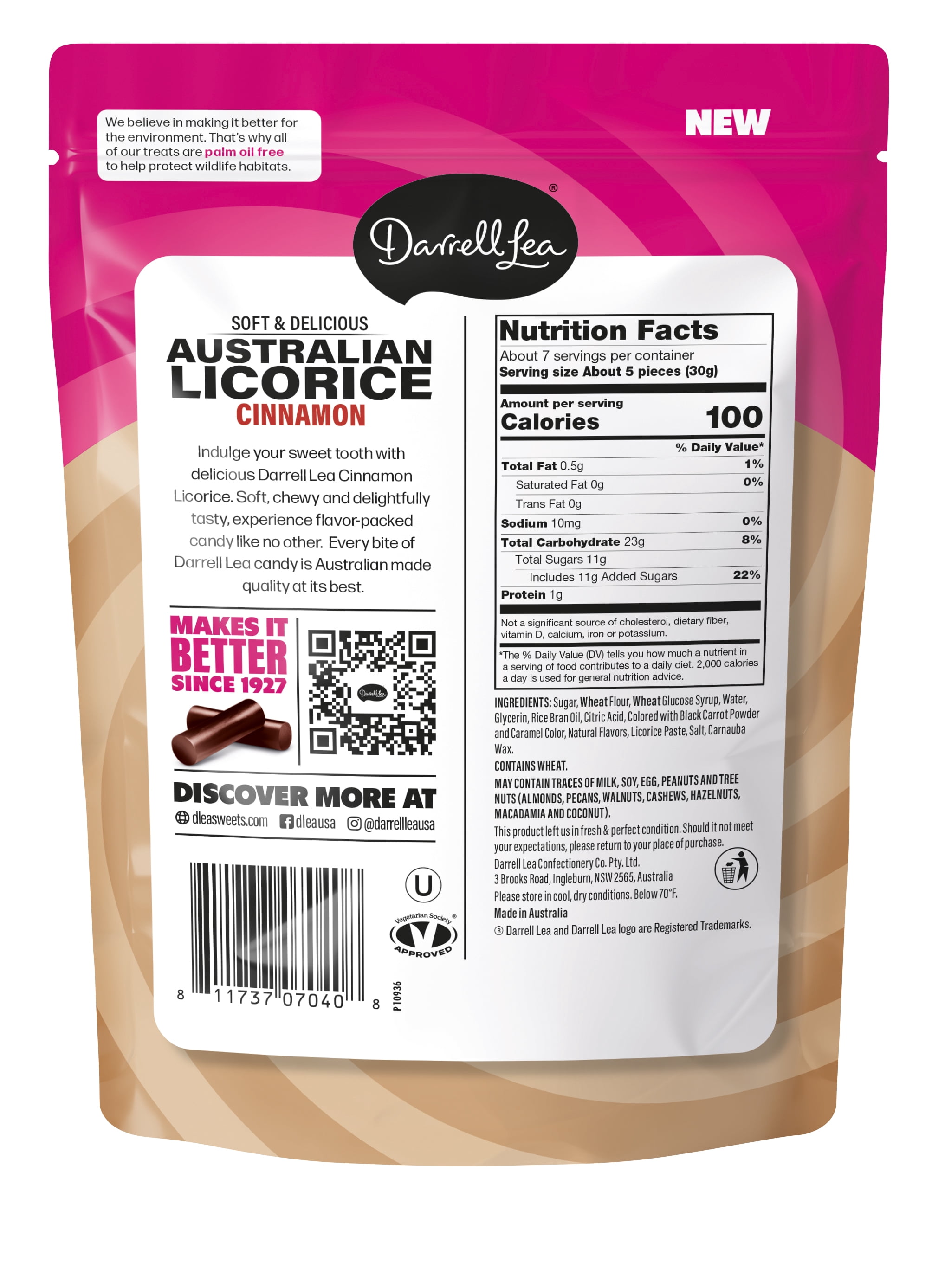 Darrell Lea Soft Australian Licorice, Non-GMO, No Palm Oil, Plant Based, No High Fructose Corn Syrup, Soft & Chewy Licorice Candy, Made in Australia, Cinnamon (7 Ounce (Pack of 8))
