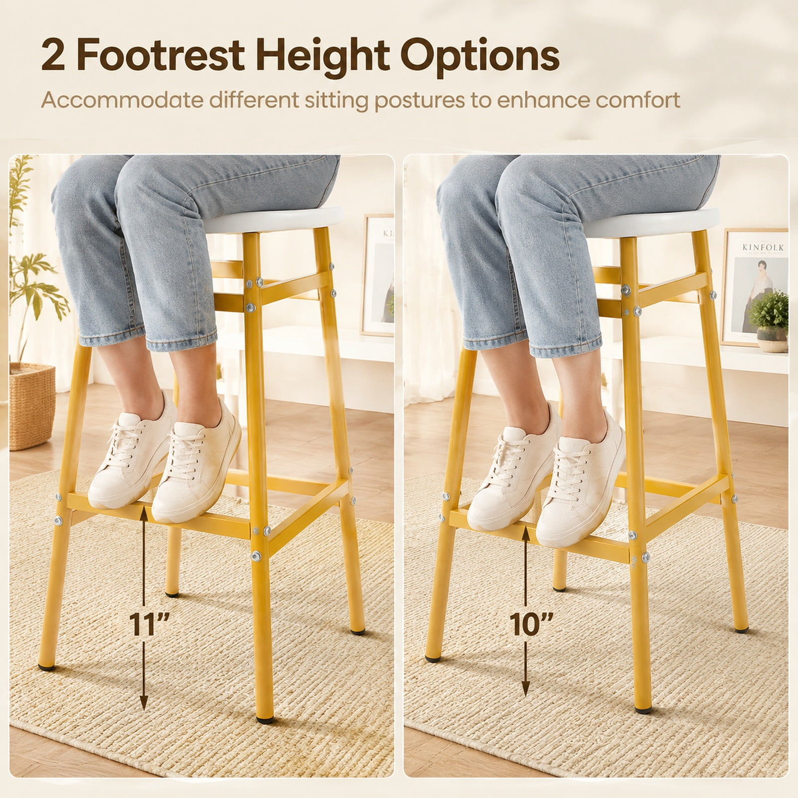 Furnibear Backless Bar Stools Set of 2 Linen Padded Metal Frame with Footrest