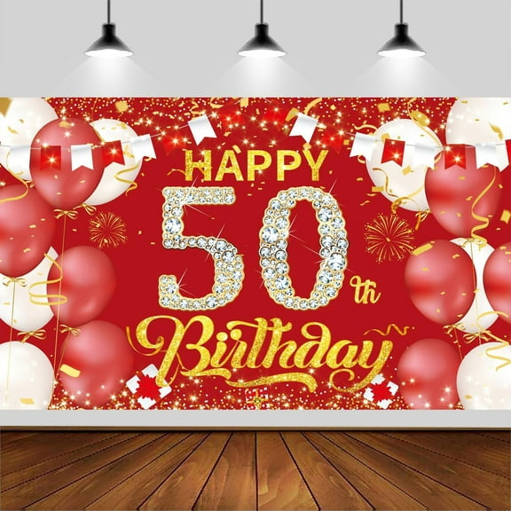 Red Gold 50th Happy Birthday Backdrop,Red Gold Happy Birthday Photography Background Banner