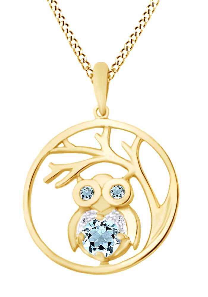 Round Cut Blue Aquamarine Tree of Life Pendant Necklace 14K Yellow Gold Over