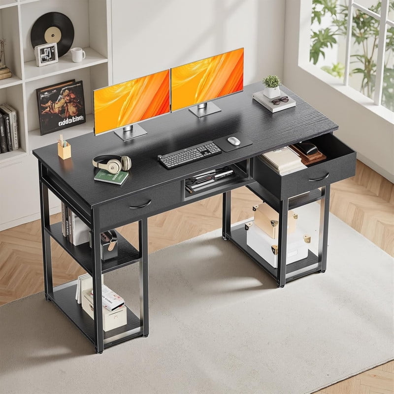 Kelno 48 Inch Computer Desk with Storage Shelf 2 Fabric Drawer Vanity Writing Table, Black