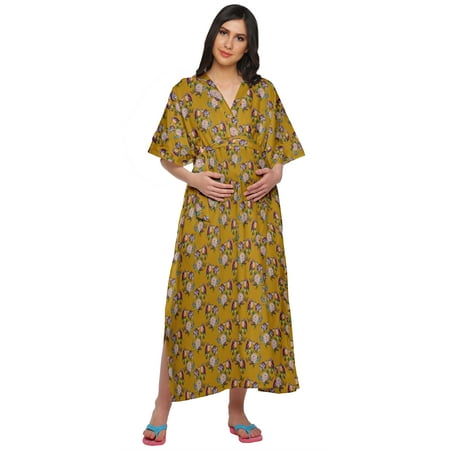 

Moomaya Womens Printed Kimono Sleeve Button Down Cotton Maternity Long Kaftan