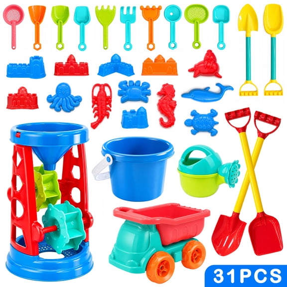 FVLOENG Beach Toy 31 Piece Sand Bucket Toys Shovels Set,Beaches Essentials Sandbox Mesh Bag,with Sifter,Includes Water Wheel Tool Watering Can,Rake Molds,for Travel,Baby Kids Toddlers Age 3-10