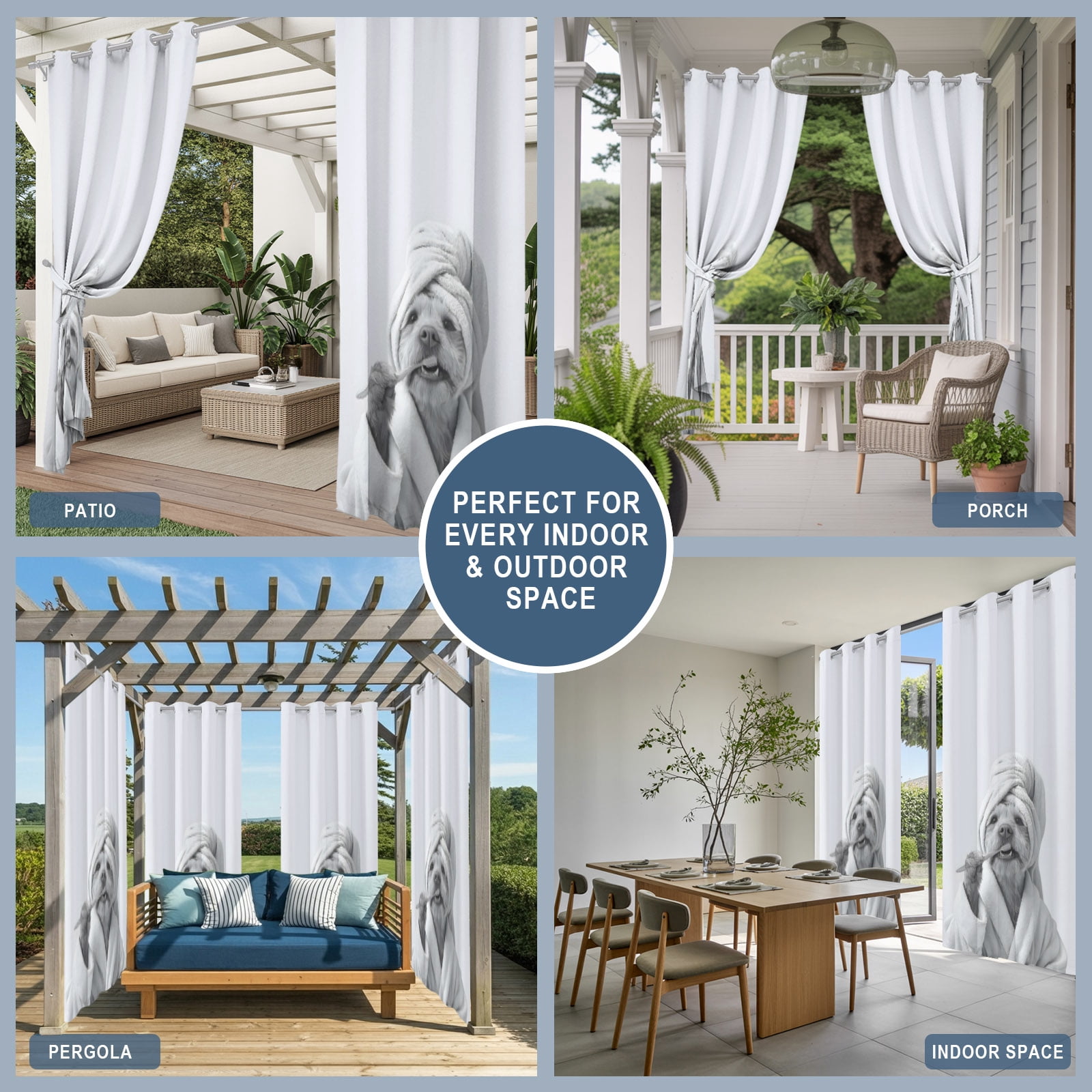 Bathroom Funny Dog Outdoor Curtains for Patio, The Dog Brushing Its Teeth Sunshade Privacy Drapes Grommet Waterproof Outside Curtains for Porch/Cabana/Balcony 54"x 108", 1 Panel