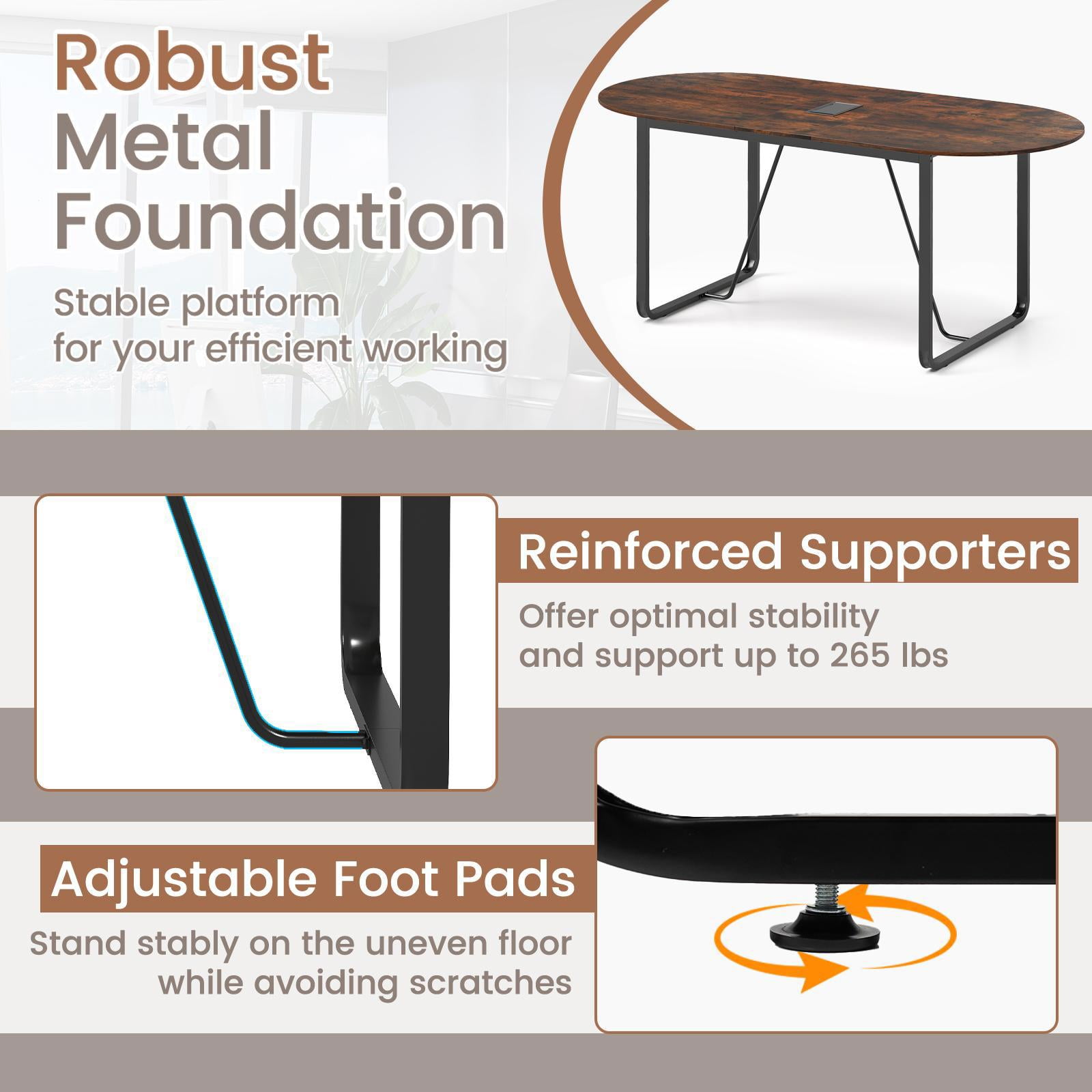 YYAo 71Inch Executive Gaming Desk with Cable Management Hole, Oval Computer Desk for Home Office, Living Room, Study Room, Bedroom, Rustic Brown