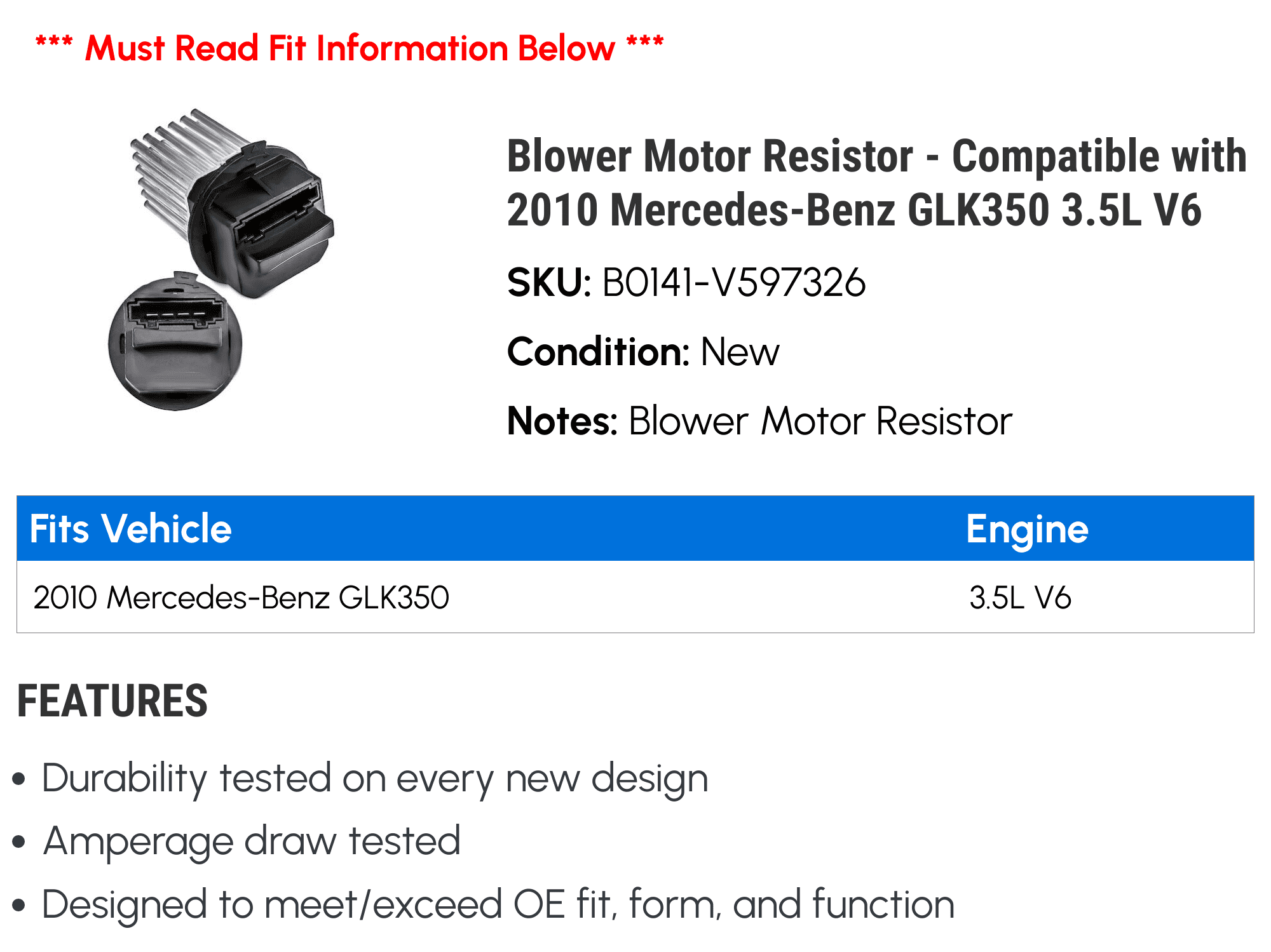 Blower Motor Resistor - Compatible with 2010 Mercedes-Benz GLK350 3.5L V6