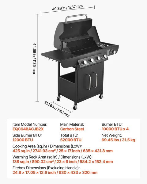 4 Burner Propane Gas Grill with Side Burner 425 SQ In Grilling Area 52000 BTU Outdoor BBQ Grill Carbon Steel Enamel Grates Two Side Shelves Patio Garden