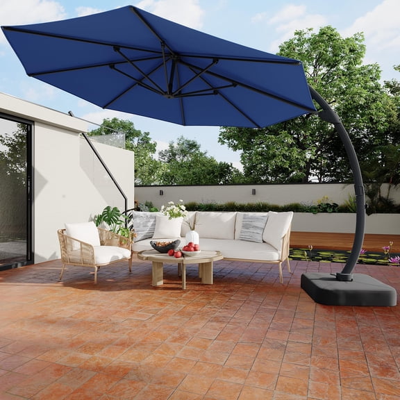 11FT Cantilever Patio Umbrella with Base Included, 360 Degree Rotation, Infinite Tilt, Aluminum Curved Offset Frame, 8 Ribs, for Patio, Garden, Backyard, Red