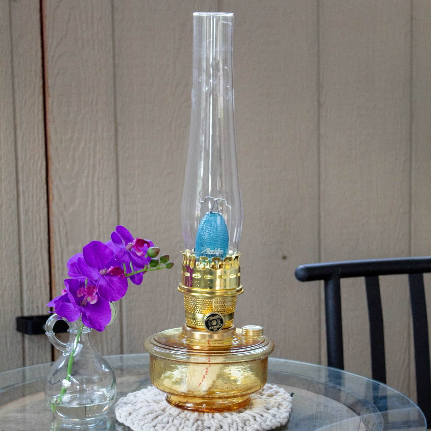 Aladdin Wall Mount Oil Lamp, Genie III Regency Fuel Lighting for Homesteaders or Emergencies, Amber Glass, 19.5 inches tall, Brass Trim