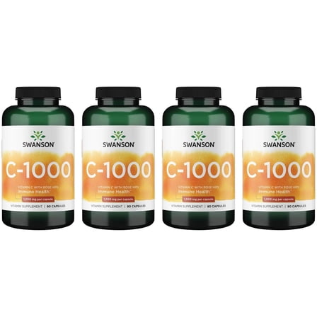 Swanson Vitamin C w/ Rose Hips - Herbal Supplement Promoting Skin Health, Heart Health & Immune System Support - Natural Formula Promoting Protection & Wellness - (90 Capsules, 1000mg Each) (4 Pack)