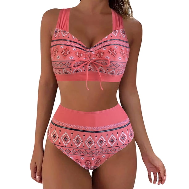 Gibobby Conjunto de Traje de Baño para Mujer Bikini de cintura alta para mujer, bañadores sexys de dos piezas con realce, traje de baño Vintage, conjunto(Rojo,CH)