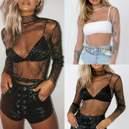 Beaded Lace Top - Women Lace Mesh Sheer Blouses Sexy Lady Shiny See-through Beads Shirts Long Sleeve Tops Shirt Blouse Women Clothing Clubwear