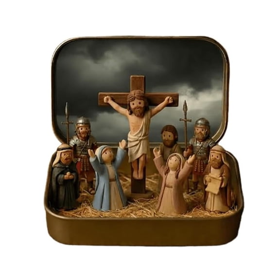 Ruanlalo Little Jesus in Tin Box Miniature Jesus Crucifixion Resurrection Scene Ornament Pocket Jesus Figure Set Religious Home Office Desktop Decoration