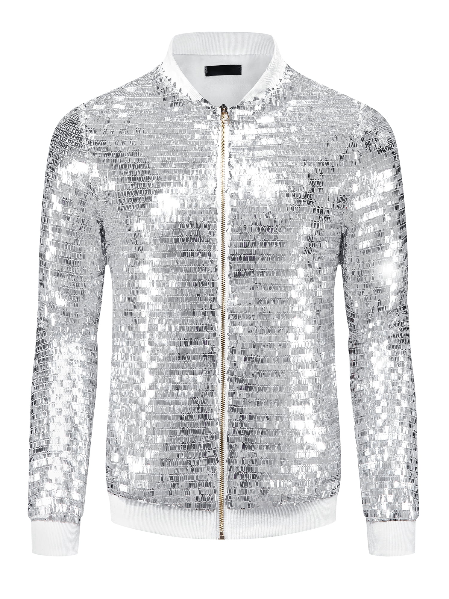 DARING DIVA Men's Sequin Varsity Zipper Disco Sparkly Shiny Bomber Jacket M Silver