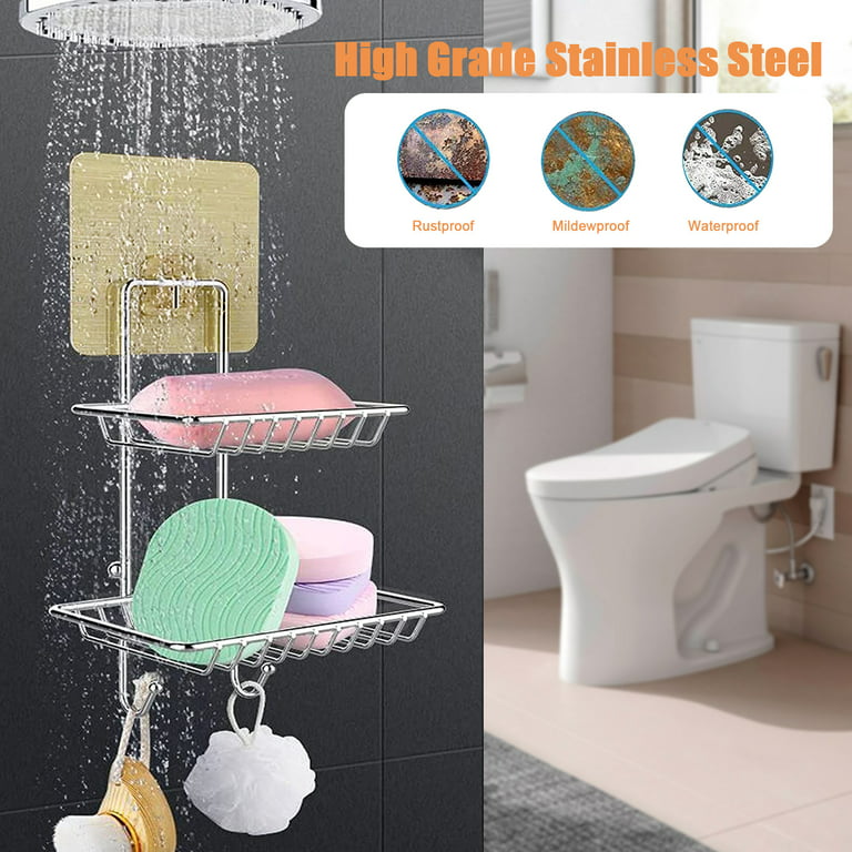 2 Tier Soap Dish Holder, EEEkit Stainless Steel Double Layers Soap Holder  With Hooks, Wall-mounted Bar Soap Sponge Storage Organizer for Shower