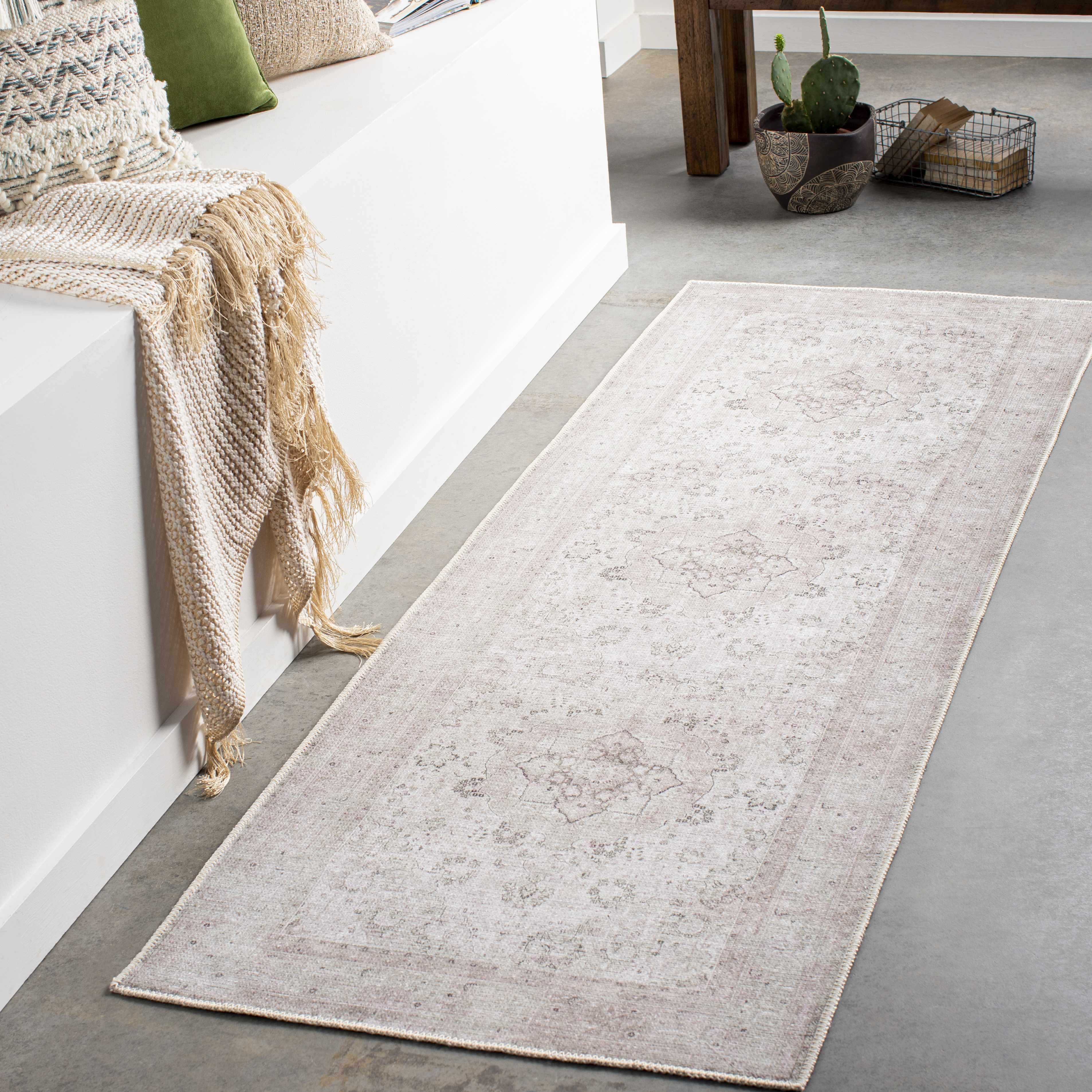 Hauteloom Bethany Traditional Medallion Living Room Bedroom Neutral Area Rug - Machine Washable - Vintage Distressed Faded - Boho Bohemian - Beige, Light Pink, Green - 6'7" x 9'