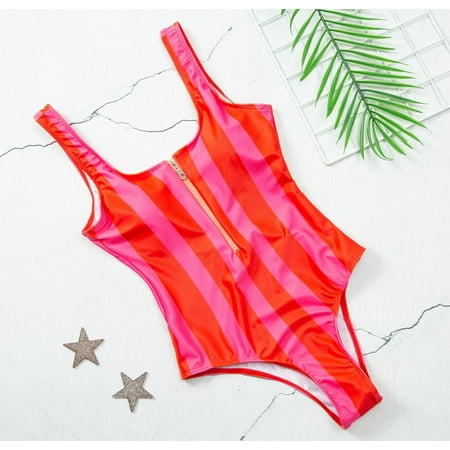 2019 New Red White Blue Striped Swimwear One Piece Swimsuit Women Zipper Monokini Swimsuit Sport Bodysuit Beach Bathing Suit
