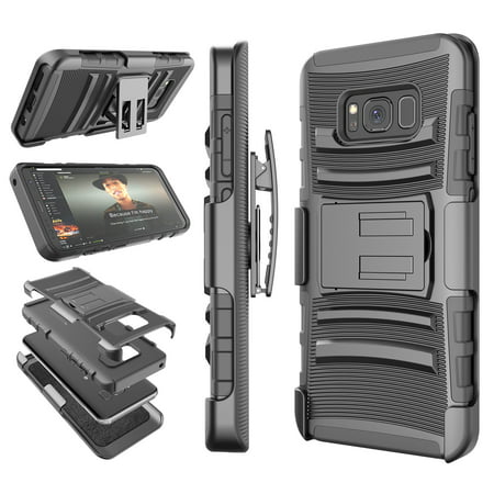 Galaxy S8 / S8 Plus Case, Samsung S8 Holster Belt, Tekcoo [Hoplite] Shock Absorbing [Black] Locking Clip Defender Heavy Full Body Kickstand Carrying Armor Cases
